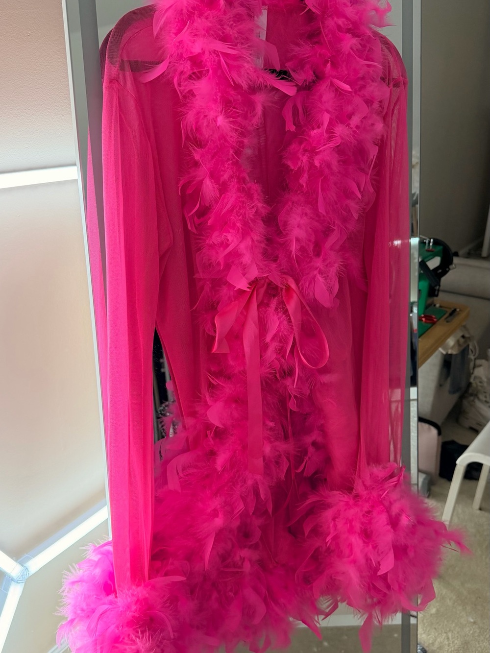 Hot Pink Feather Trim Sheer Robe with Satin Tie - Picture 6 of 12